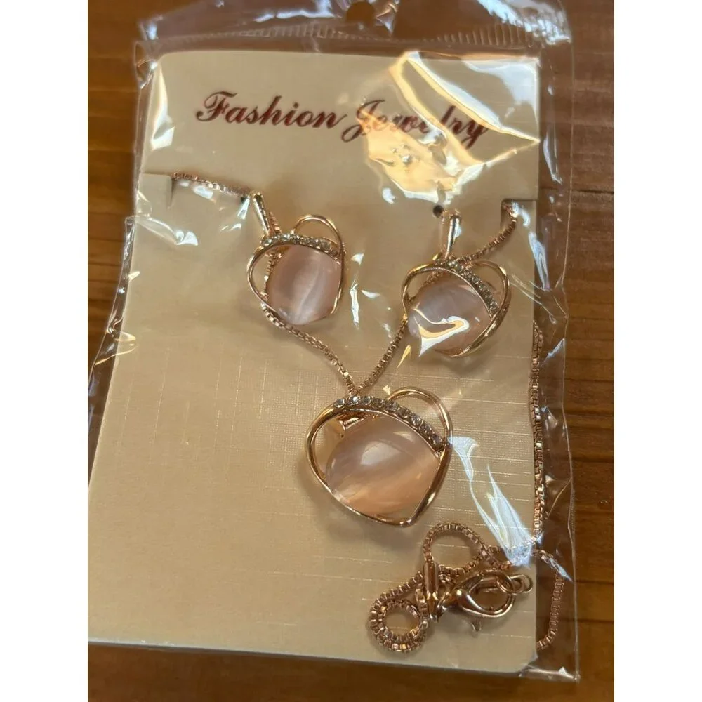 Rose Gold Necklace & Earrings Set With Pink Stone & Rhinestones